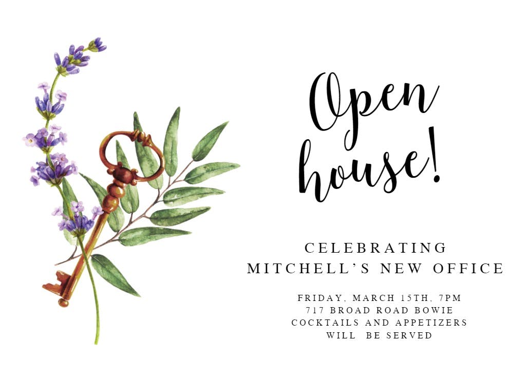 Purple flowers key - open house invitation